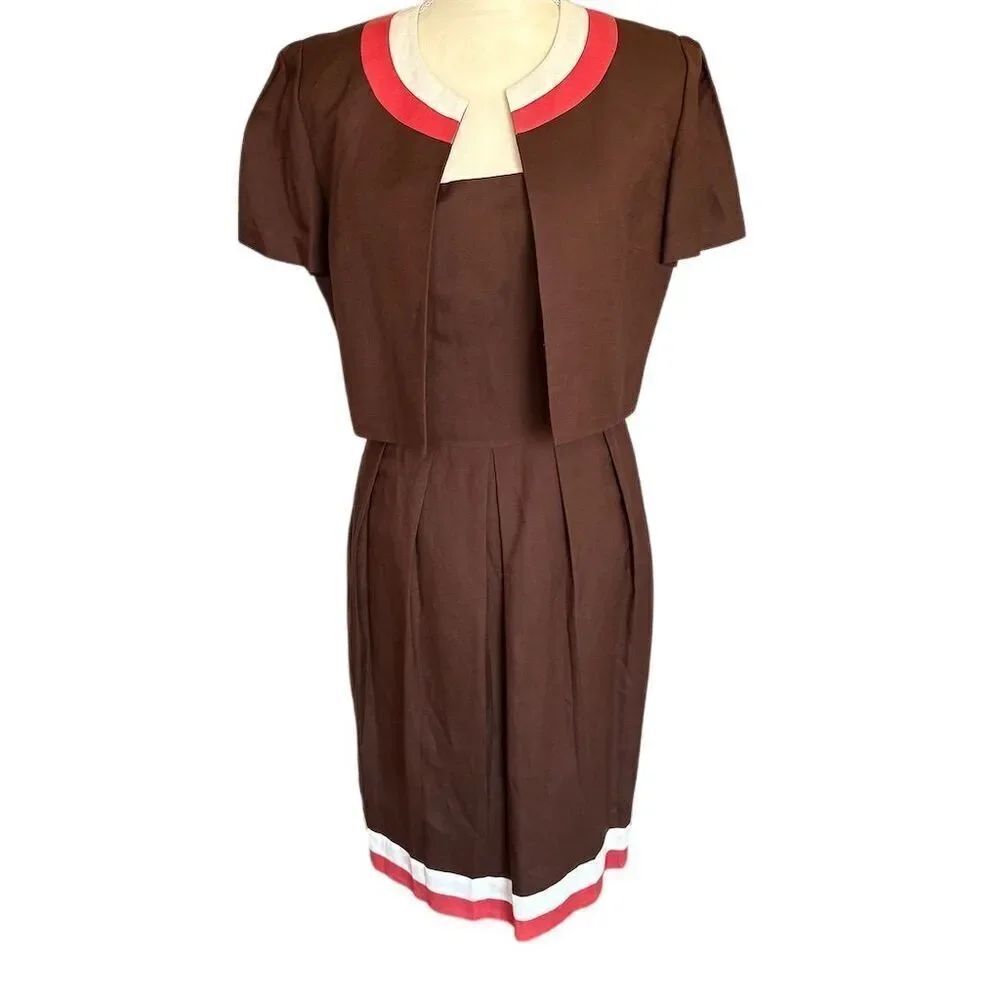 Jessica Howard Chocolate Brown 2-Piece Dress Set Size 8 Business Linen Blend
